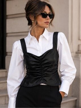 A.L.C. Black Vegan Leather Ruched Bustier Top